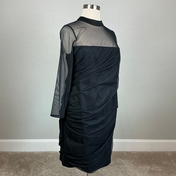 Calvin Klein Black Long Sleeve Sheath Cocktail Dress Size 22W Ruched Sheer Neck - Picture 2 of 12